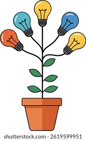 Illustration shows a plant growing in a pot with light bulbs as flowers in multiple colors, symbolizing creative energy and innovation in a cheerful style.