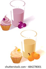 The illustration shows the plum and apricot yogurt in a glass, fruit and cake. Made isolated on white background, on separate layers.