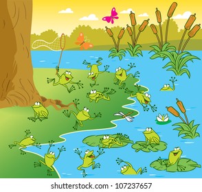 The illustration shows a pond with frogs on a sunny summer day. Picture made in cartoon style