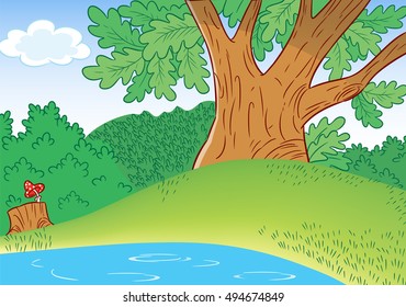 The illustration shows a portion of a large oak tree in a forest glade, and part of a small pond in cartoon style