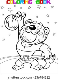 The illustration shows a powerful lion in the circus. He lifts weights. Illustration made a black outline for coloring, on separate layers.