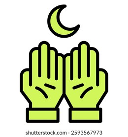 Illustration shows praying hands beneath a crescent moon, symbolizing faith and spirituality perfect for religious and cultural themed designs.