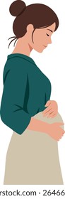 A ilustração mostra uma mulher grávida de perfil calmo segurando sua barriga suavemente, simbolizando maternidade e maternidade com cores naturais suaves e humor pacífico.
