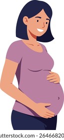 Illustration shows a pregnant woman with dark hair smiling gently and holding her belly while wearing a purple shirt. The mood is warm and hopeful.