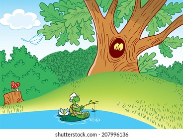 The illustration shows a pretty turtle, which catch fish in the pond, on the background of green forest.