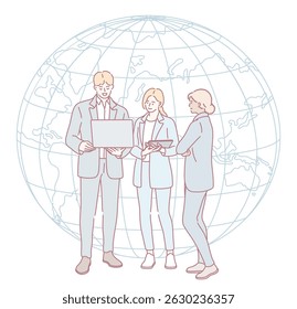 Uma ilustração mostra profissionais colaborando em um notebook, em um globo simbolizando a conectividade