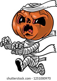 The illustration shows a pumpkin mummy, whose body is wrapped in bandages. The frightening mummy is running around. 