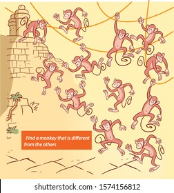 The illustration shows a puzzle where you need to find a monkey that is different from all others