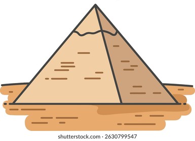 Illustration shows a pyramid with light brown and beige colors surrounded by sandy desert ground in a minimalistic line art style, evoking ancient architecture and history in a calm mood.