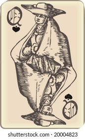 Illustration shows queen of spades as an ancient playing card