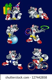 The illustration shows a raccoon, which goes on a bicycle, keep a gift box with a ribbon, in a kimono is learning karate, does exercise on the big blue ball, throws rings, is resting after exercising