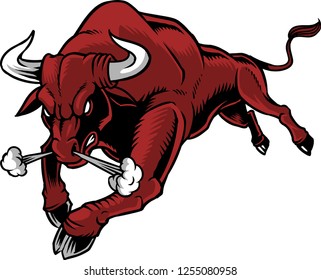The illustration shows a raging bull. The wild animal has big horns and a strong body, he's very furious and he's attacking. 