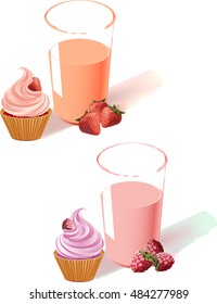 The illustration shows raspberry and strawberry yogurt in a glass, fruit and cake. Made isolated on white background, on separate layers.