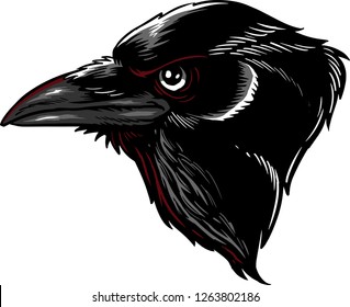 The illustration shows a raven head. 