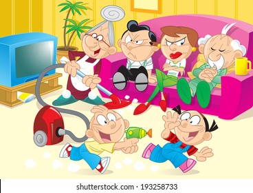 The illustration shows the recreation of the family with parents and children. The family is in the room where the children play, adults watching TV on the couch and relax. 