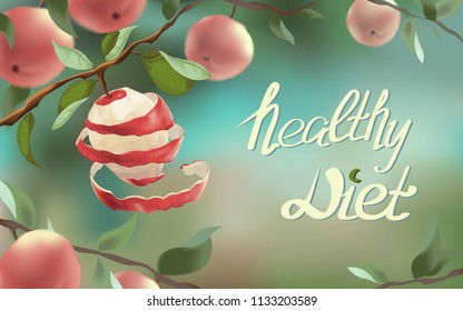 The illustration shows a red apple, which was cut in a spiral. This is a symbol of weight loss, diet, healthy eating, vegetarianism.  Against the background of other apples there is an inscription.