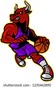 The illustration shows a red bull that's playing basketball. He has big horns and he looks aggressive and angry. The bull is wearing a uniform and he's trying to score a goal.