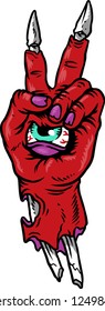 The illustration shows a red hand monster that has an eye in the palm. 