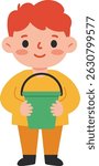 Illustration shows a red-haired boy in orange and yellow clothes holding a green bucket, smiling gently. The image is simple, colorful, and playful, conveying a cheerful mood.