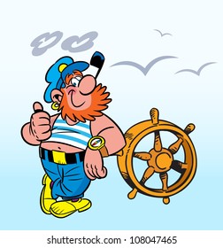 The illustration shows the red-haired funny captain of at the helm.