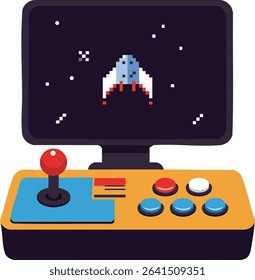 Illustration shows a retro arcade video game console with joystick and multi-colored buttons playing a space shooter game on screen, evoking nostalgia and fun gaming mood.