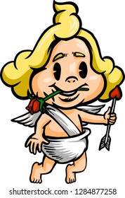 The illustration shows a romantic Cupid that holds a beautiful rose between his teeth and an arrow in his left hand.