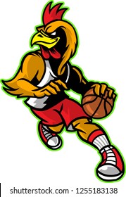 The illustration shows a rooster that plays basketball. The basketball player is wearing a lucky uniform and he's totally decided to win this match. 