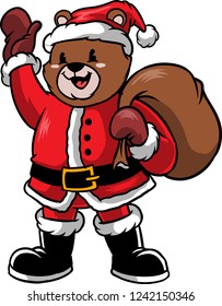 The illustration shows a Santa Claus bear. He is wearing his traditional red  suit and he holds a big brown bag with presents for all the children of the world. 