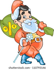 The Illustration shows Santa Claus in business style. Santa have a presents bag with percent symbol in one arm and ice wonder stick in another arm. Santa dressed in red hat, pants and boots.
