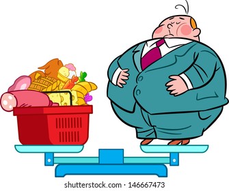 The illustration shows the scales. On they fat man and food basket with food. Illustration done on separate layers, in a cartoon style. 