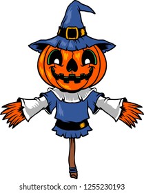 The illustration shows a scarecrow whose had is made of a Halloween pumpkin and it has a blue costume and hat on it. 