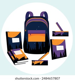 The illustration shows school items, a backpack, books, a notebook, a pencil case, and rulers. School Item Design Shown