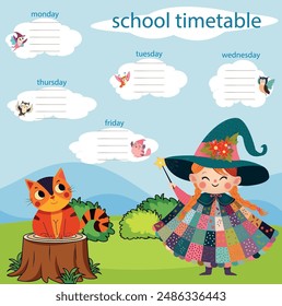 The illustration shows the school schedule. Depicts a fairy and a magic cat with magic birds