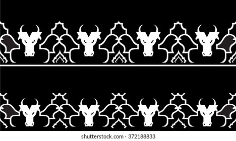 The illustration shows seamless pattern with a bull's head and geometric patterns. Vector illustration made in black and white silhouette