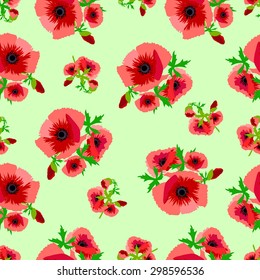 The illustration shows the seamless pattern with flower bouquets of red poppies on separate layers.