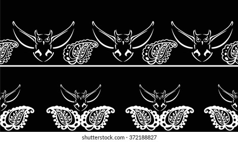 The illustration shows seamless pattern with flying owl and floral patterns. Vector illustration made in black and white silhouette