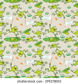 The illustration shows seamless pattern with funny cartoon frogs. Made in a vector on separate layers.