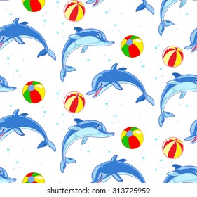 The illustration shows a seamless pattern for textiles with blue dolphins . Done in cartoon style