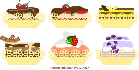 The illustration shows a set of colored vector pork cakes with different fillings. All cakes are isolated on a white background. Each of the pastries is in a mold.