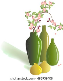 
The illustration shows a set of decorative vases of green and yellow, with a branch of cherry blossoms, isolated on white background.
