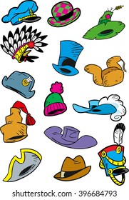 The illustration shows a set of different hats in cartoon style. Illustration done in isolation on a white background, on separate layers.