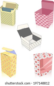 The illustration shows a set of gift boxes of different colors. Illustration done on separate layers, isolated on white background.
