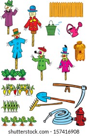 The illustration shows a set of tools and objects for the garden. Illustration done in cartoon style, on separate layers, isolated on a white background.