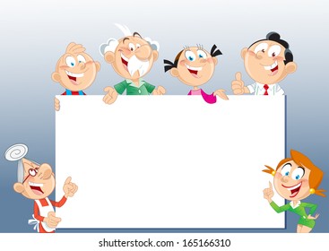 The illustration shows several cheerful family members older and younger generations, which shows on billboard. The frame has room for text. On separate layers, in a cartoon style.