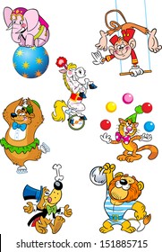 The illustration shows several different animals that perform in the circus. Illustration done in cartoon style, on separate layers.