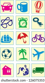 The illustration shows several icons representing various types of transport, objects and subjects. Illustration done in cartoon style, on separate layers.