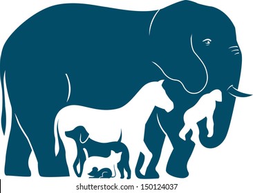 The illustration shows several mammal species as they increase in weight. Illustration done in the style silhouette