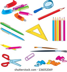 The illustration shows a several species stationery items. Objects isolated on white background on separate layers.