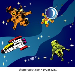 The illustration shows several types of spacecraft and one astronaut on a background of blue sky and stars. Illustration done in cartoon style, on separate layers.