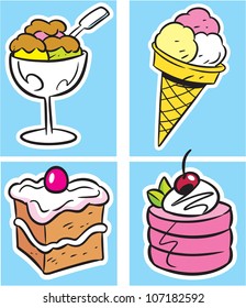 The illustration shows several types of sweet desserts. Illustration done in cartoon style, on separate layers.